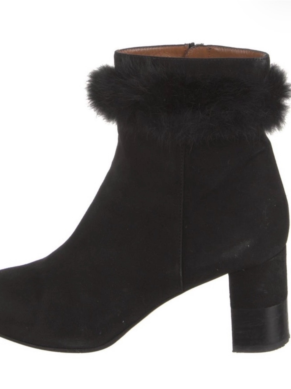 Aquatalia Black Suede Faux Fur Trim Ankle Boots Block Heel